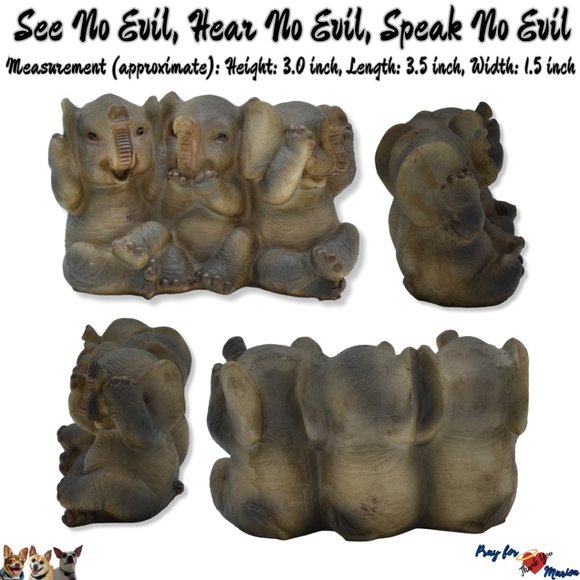 Elephant See No Evil, Hear No Evil, Speak No Evil Resin Figurine 3Hx3.5Lx1.5W - Picture 1 of 7